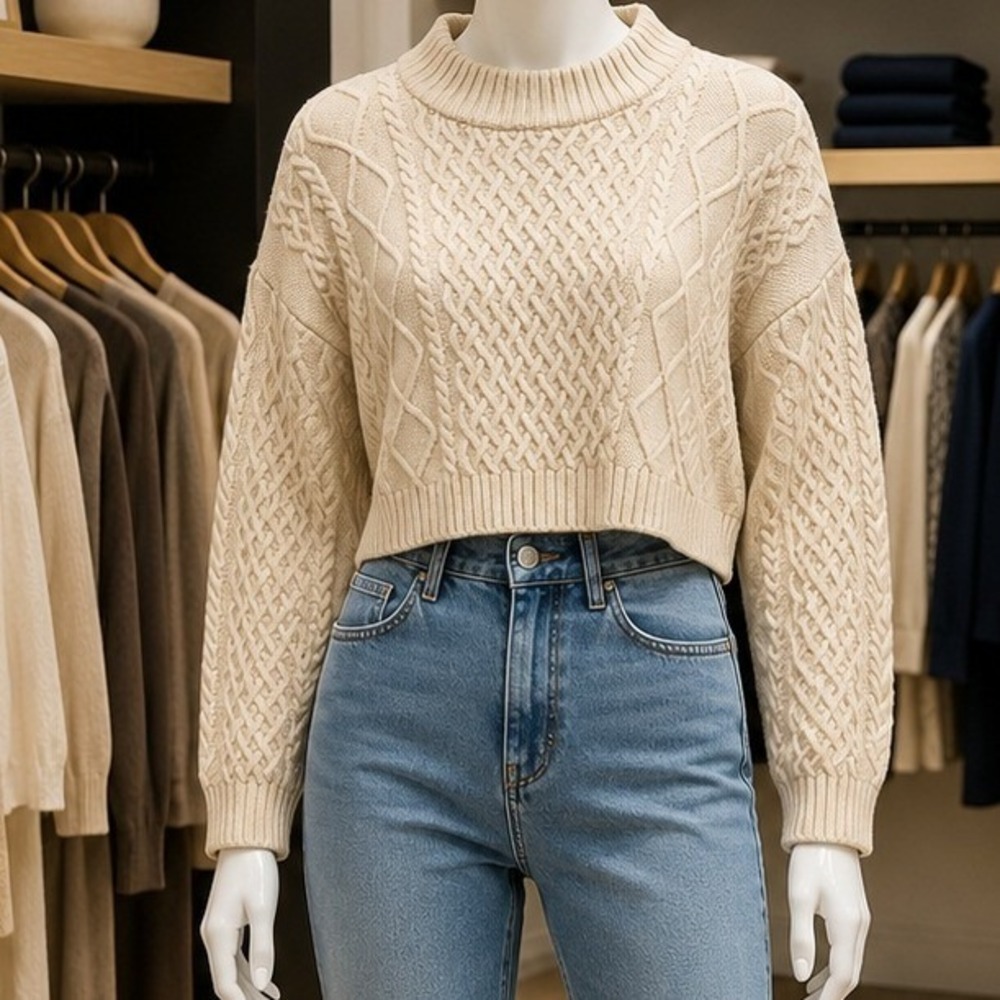 H&M Womens Sweater Beige Cable Knit Cropped Conscious Choice S